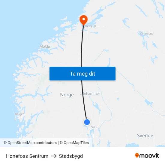 Hønefoss Sentrum to Stadsbygd map