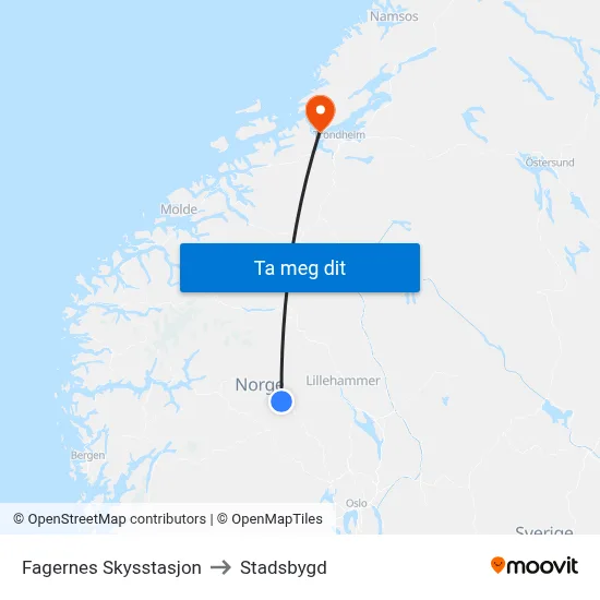 Fagernes Skysstasjon to Stadsbygd map