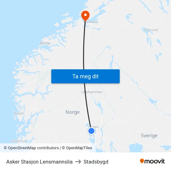 Asker Stasjon Lensmannslia to Stadsbygd map