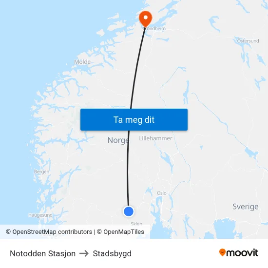 Notodden Stasjon to Stadsbygd map