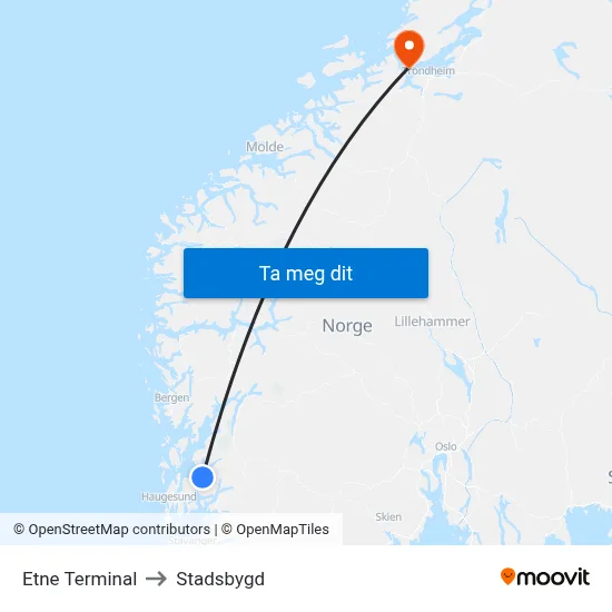 Etne Terminal to Stadsbygd map