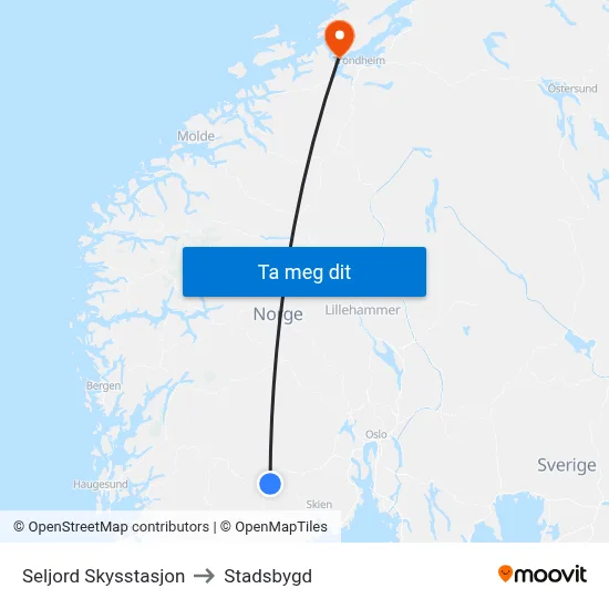 Seljord Skysstasjon to Stadsbygd map
