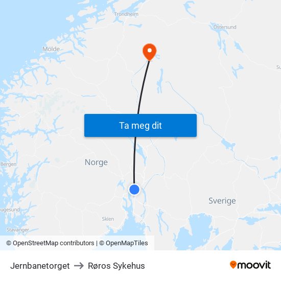 Jernbanetorget to Røros Sykehus map