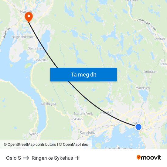 Oslo S to Ringerike Sykehus Hf map