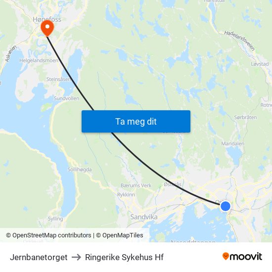 Jernbanetorget to Ringerike Sykehus Hf map