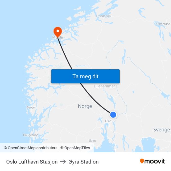 Oslo Lufthavn Stasjon to Øyra Stadion map