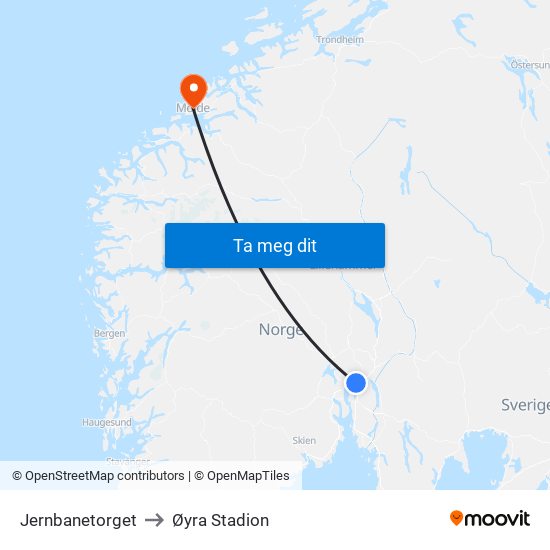 Jernbanetorget to Øyra Stadion map