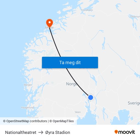 Nationaltheatret to Øyra Stadion map