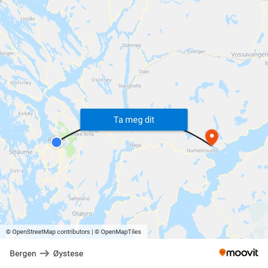 Bergen to Øystese map