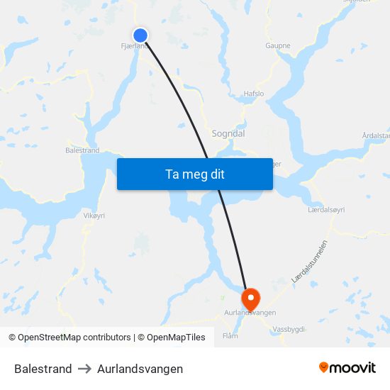 Balestrand to Aurlandsvangen map