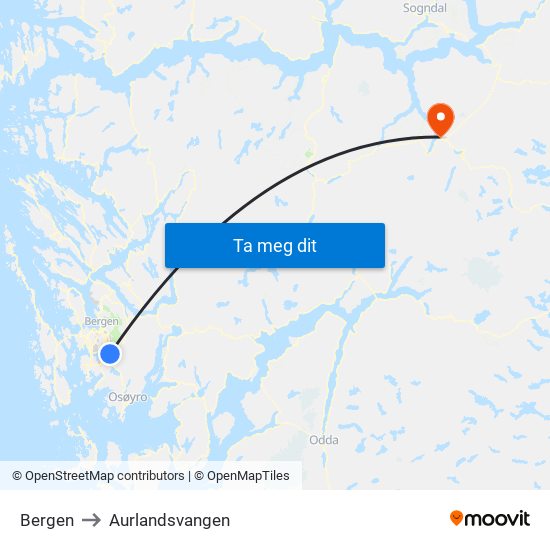 Bergen to Aurlandsvangen map