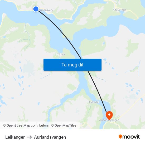 Leikanger to Aurlandsvangen map