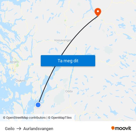 Geilo to Aurlandsvangen map