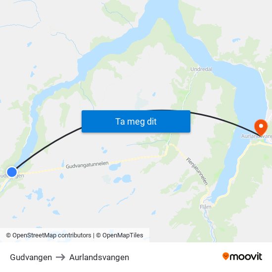 Gudvangen to Aurlandsvangen map