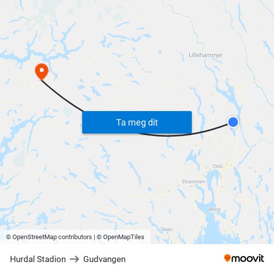 Hurdal Stadion to Gudvangen map