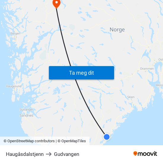 Haugåsdalstjenn to Gudvangen map