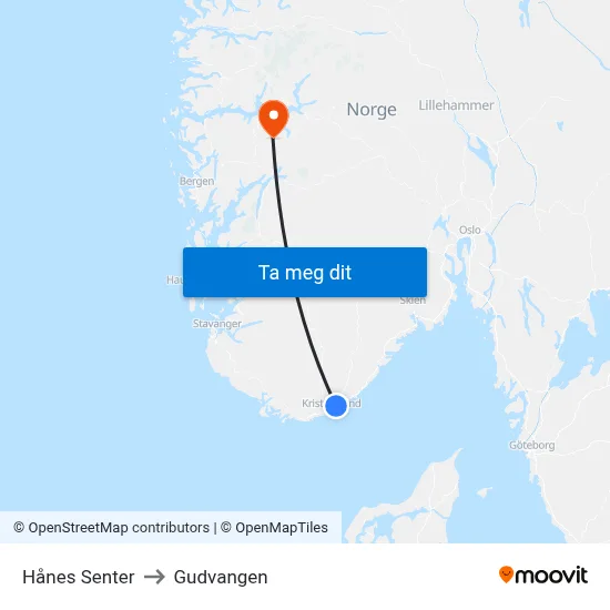 Hånes Senter to Gudvangen map