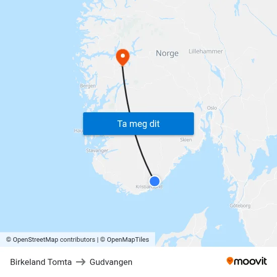 Birkeland Tomta to Gudvangen map