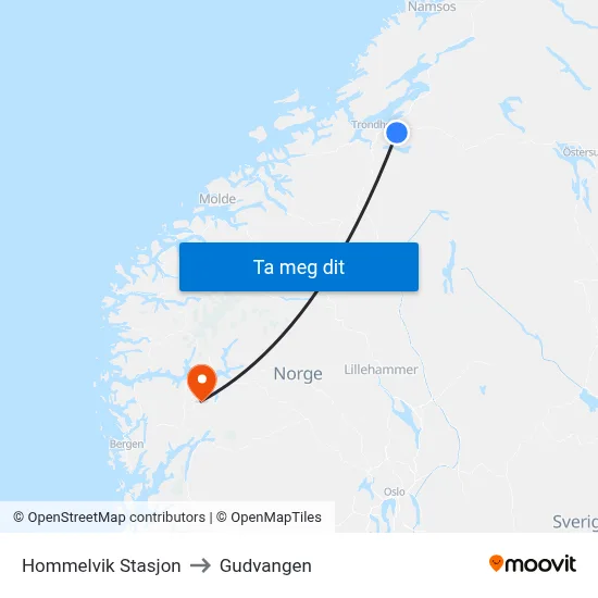Hommelvik Stasjon to Gudvangen map