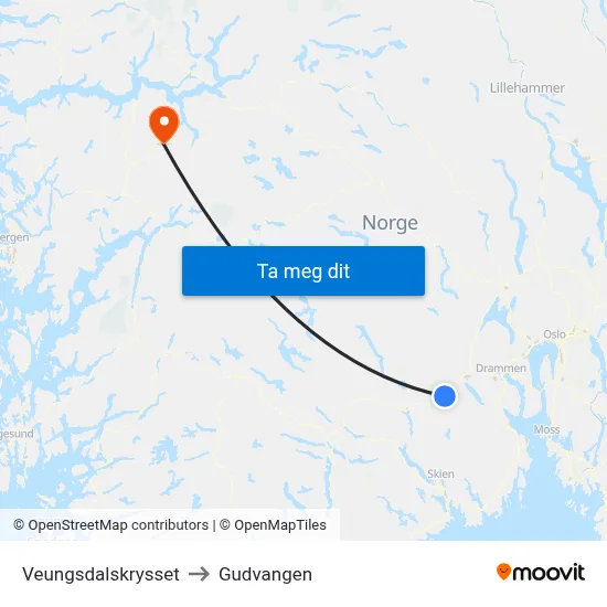 Veungsdalskrysset to Gudvangen map