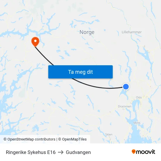 Ringerike Sykehus E16 to Gudvangen map