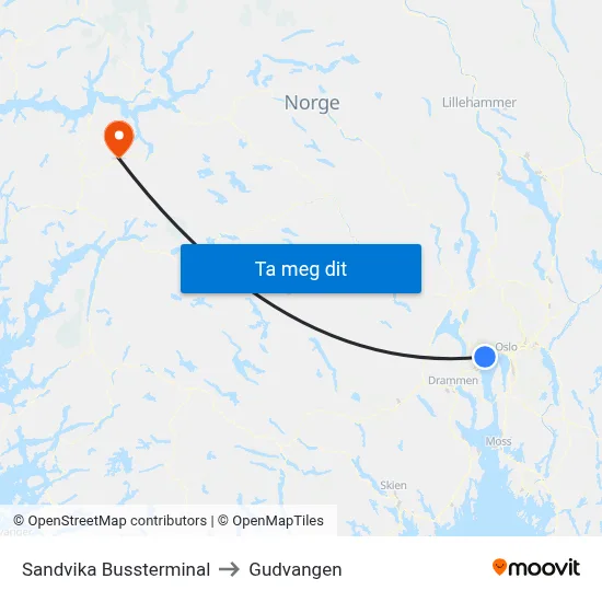 Sandvika Bussterminal to Gudvangen map