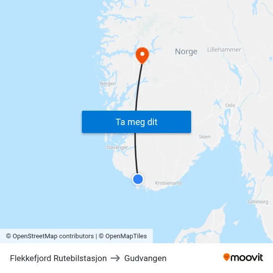Flekkefjord Rutebilstasjon to Gudvangen map