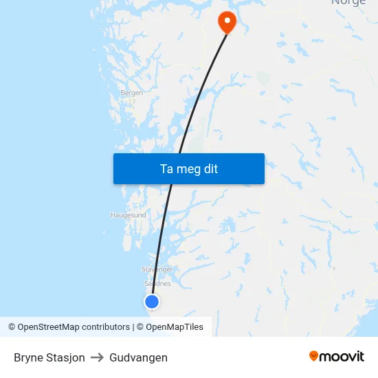 Bryne Stasjon to Gudvangen map