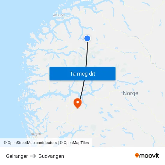 Geiranger to Gudvangen map