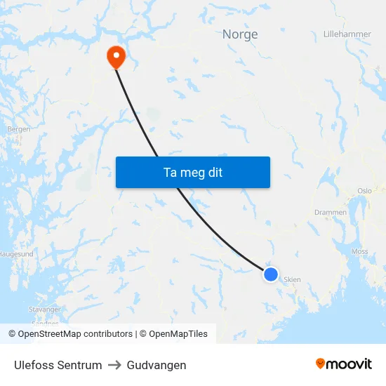 Ulefoss Sentrum to Gudvangen map