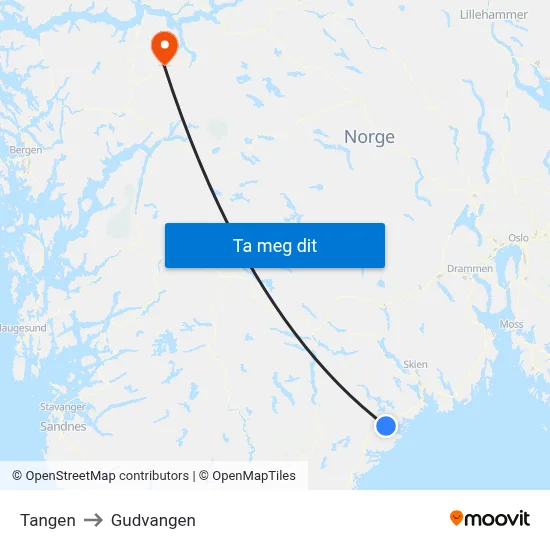 Tangen to Gudvangen map