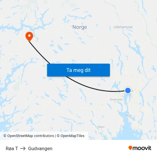 Røa T to Gudvangen map