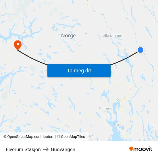 Elverum Stasjon to Gudvangen map