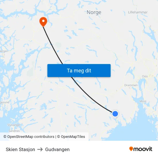 Skien Stasjon to Gudvangen map