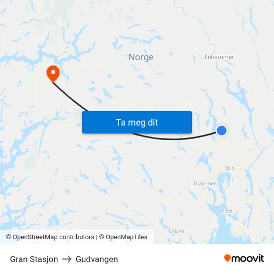 Gran Stasjon to Gudvangen map