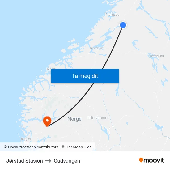 Jørstad Stasjon to Gudvangen map