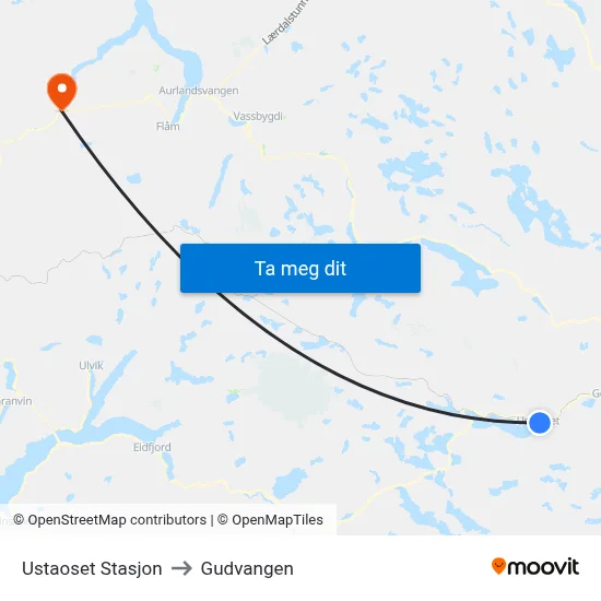 Ustaoset Stasjon to Gudvangen map