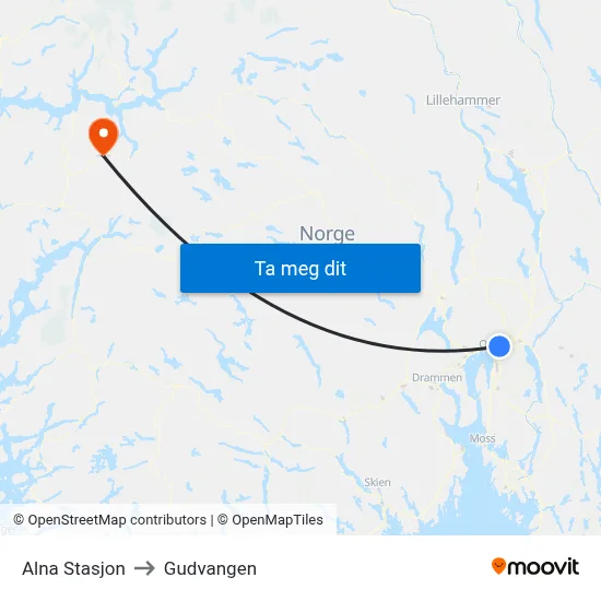 Alna Stasjon to Gudvangen map
