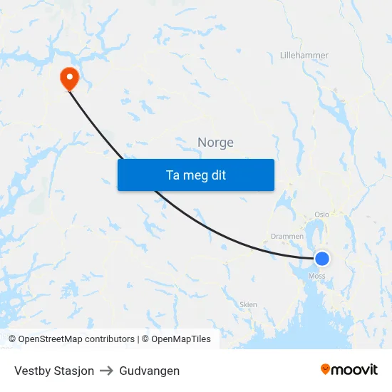 Vestby Stasjon to Gudvangen map