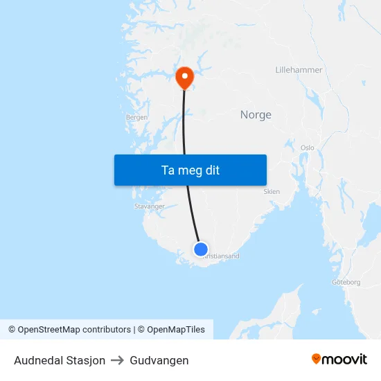 Audnedal Stasjon to Gudvangen map