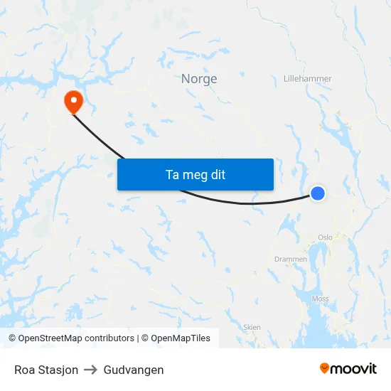 Roa Stasjon to Gudvangen map