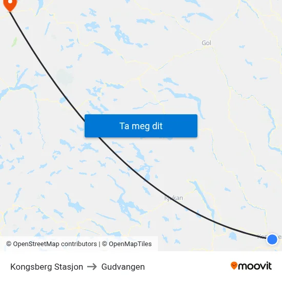 Kongsberg Stasjon to Gudvangen map