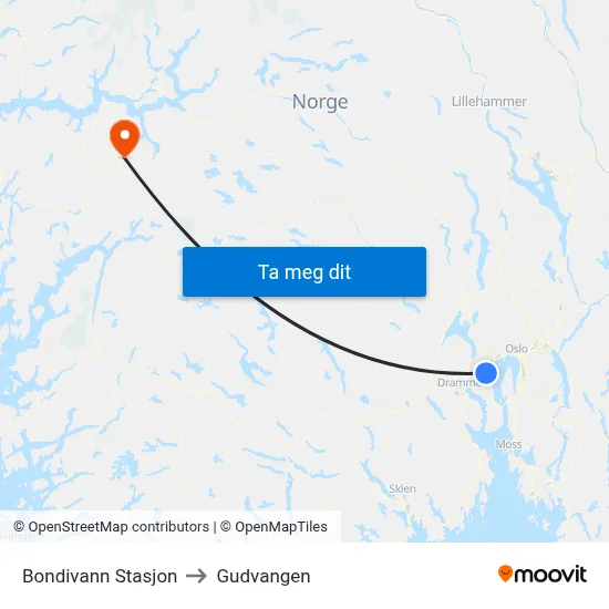 Bondivann Stasjon to Gudvangen map
