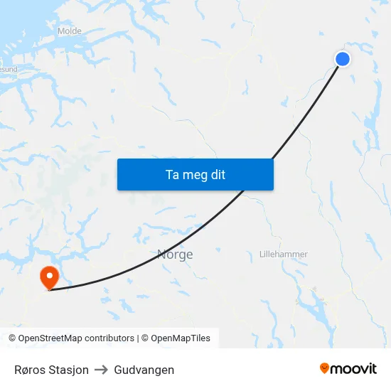 Røros Stasjon to Gudvangen map