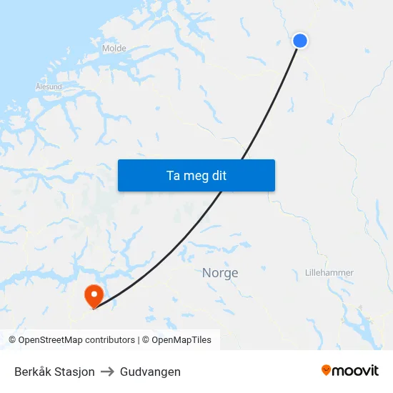 Berkåk Stasjon to Gudvangen map