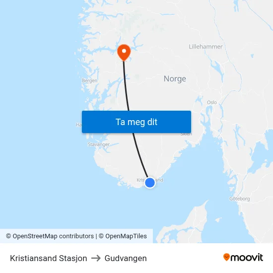Kristiansand Stasjon to Gudvangen map