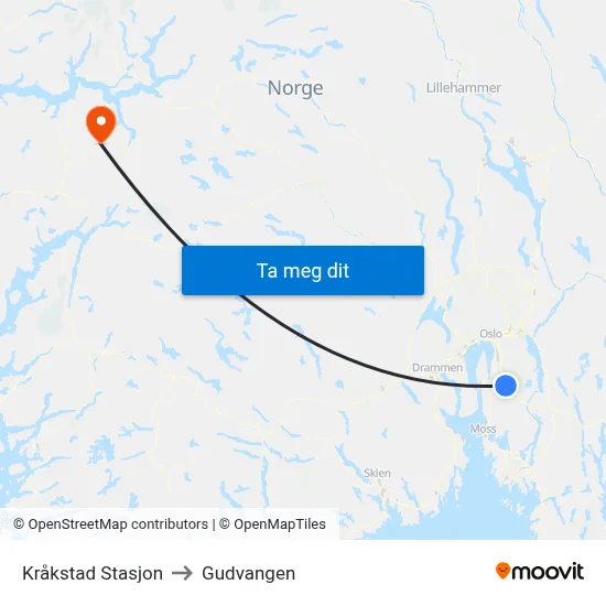 Kråkstad Stasjon to Gudvangen map