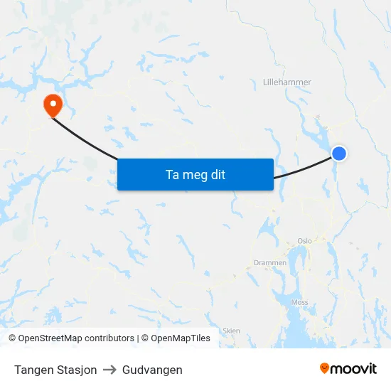 Tangen Stasjon to Gudvangen map