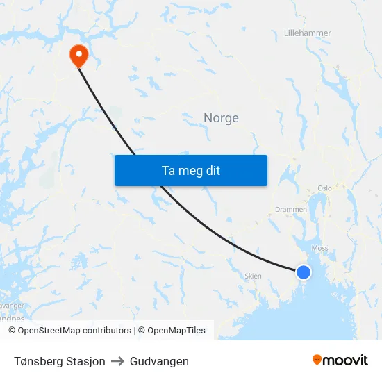 Tønsberg Stasjon to Gudvangen map