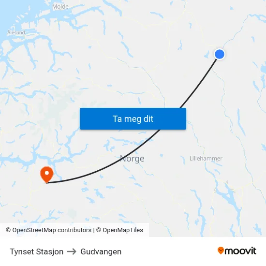 Tynset Stasjon to Gudvangen map